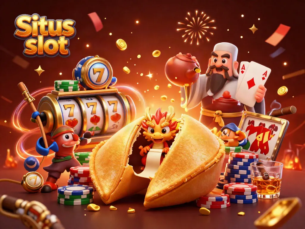 Experience exciting Situs slot action with a golden fortune cookie, wise dragon, and dynamic gaming elements.