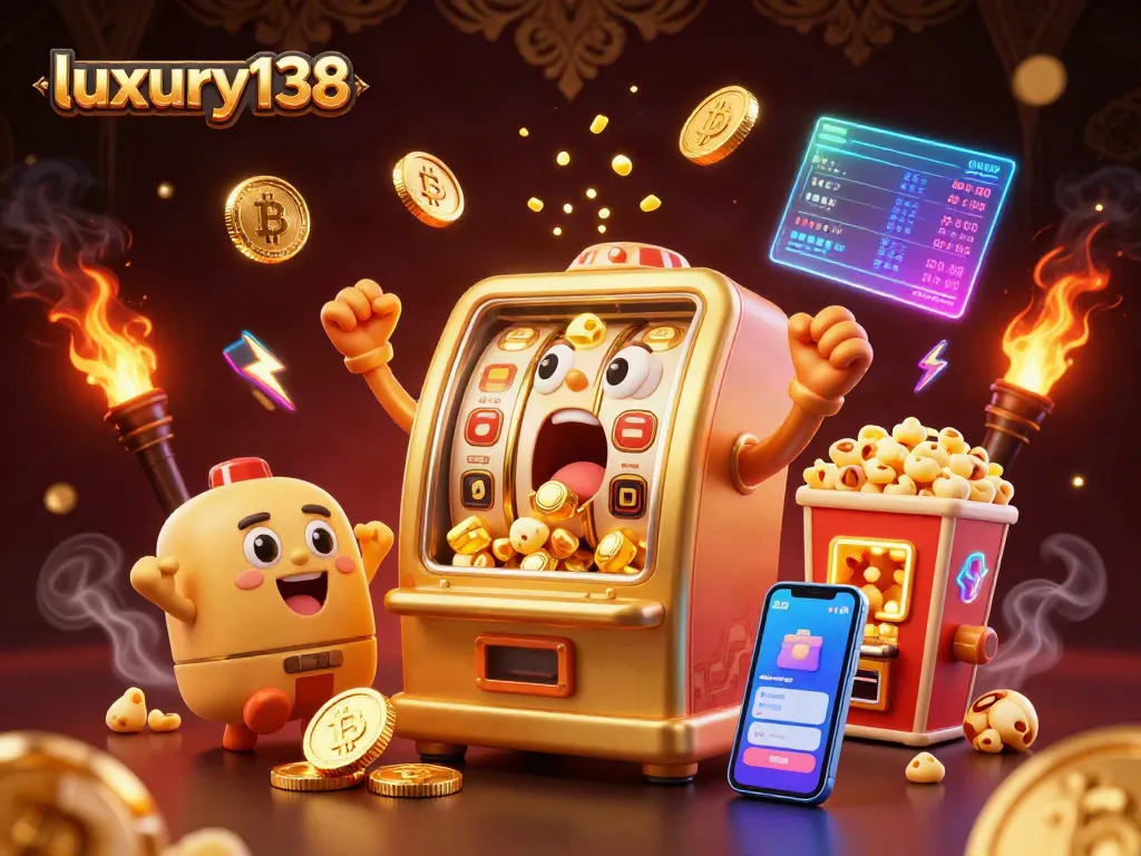 Experience luxury138 slots with an animated golden slot machine winning jackpots amidst vibrant casino imagery.