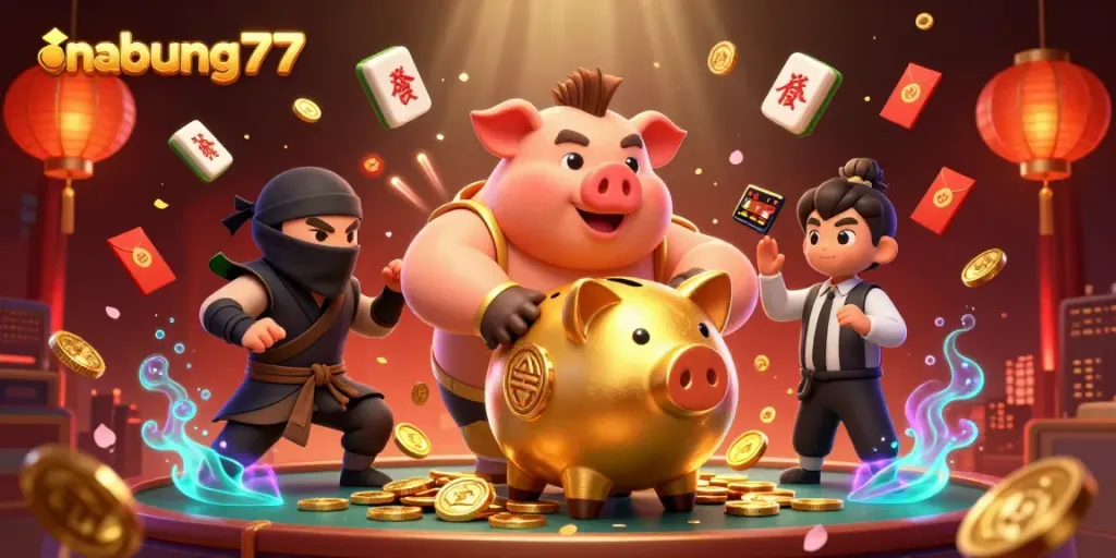 Experience the thrill of nabung77 in this dynamic casino illustration featuring a golden piggy bank sumo wrestler surrounded by vibrant gaming elements.