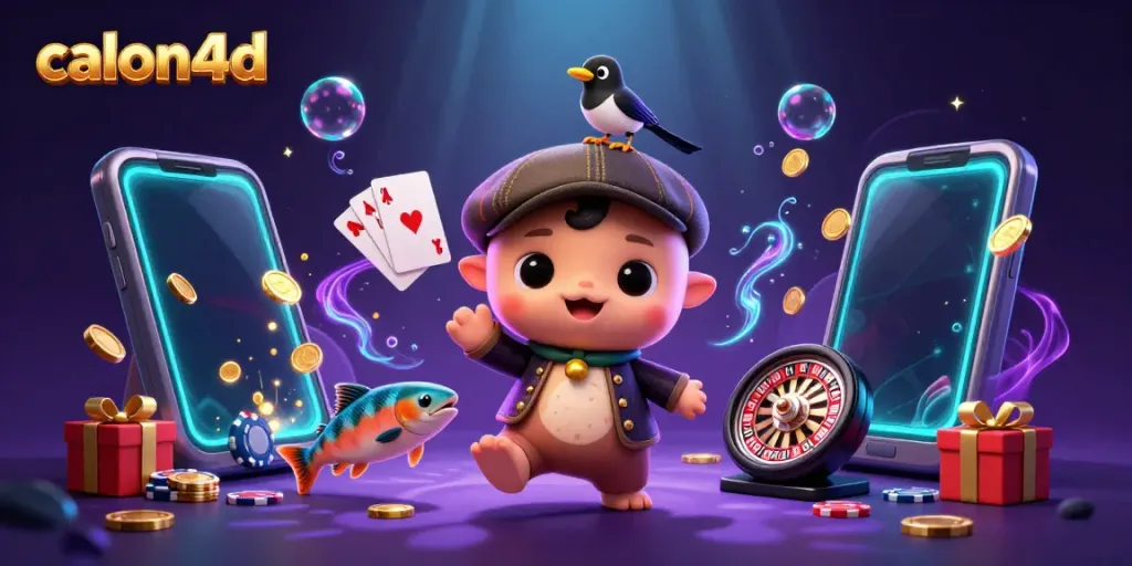 Gambaran 3D calon4d yang menampilkan karakter lucu dan elemen kasino, membawa kegembiraan permainan.