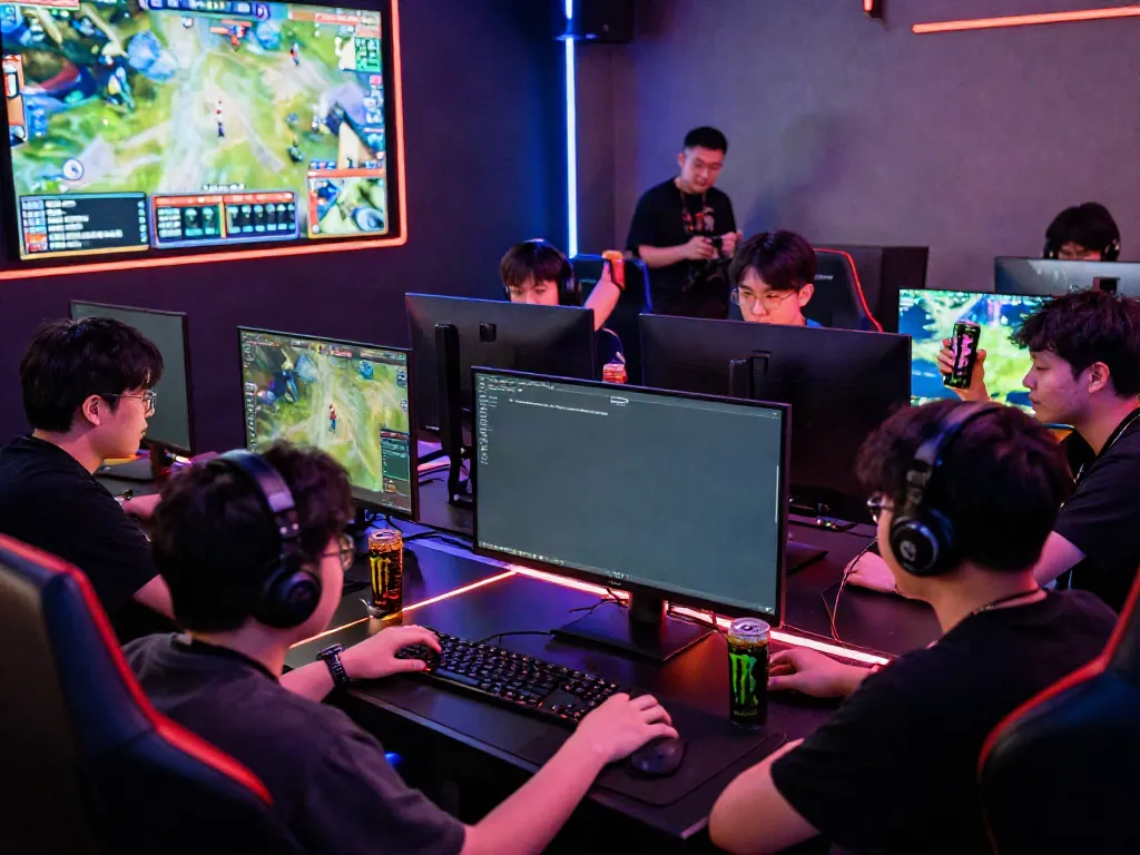 Competitive gaming at QQMacan with players engaged and vibrant atmosphere.
