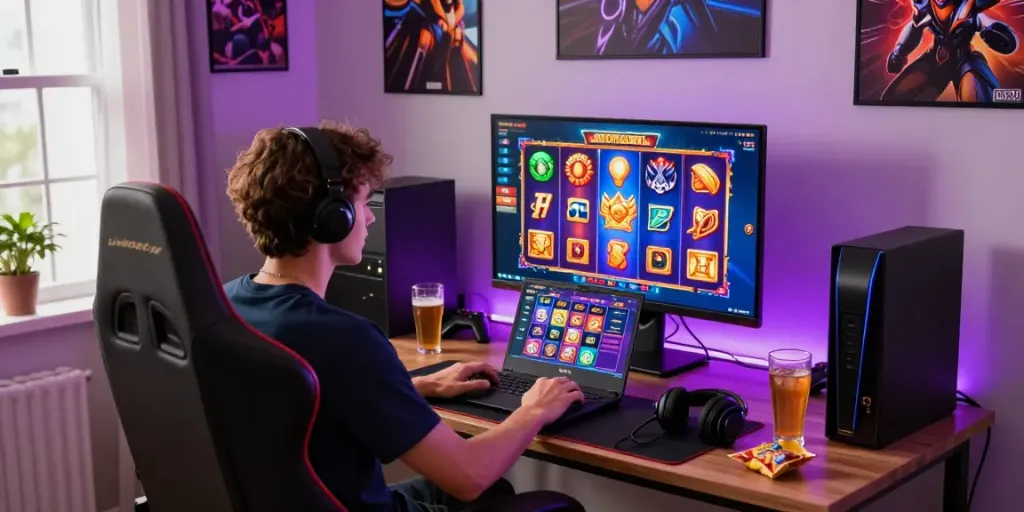 Engaging home gaming setup featuring slot games on a monitor.