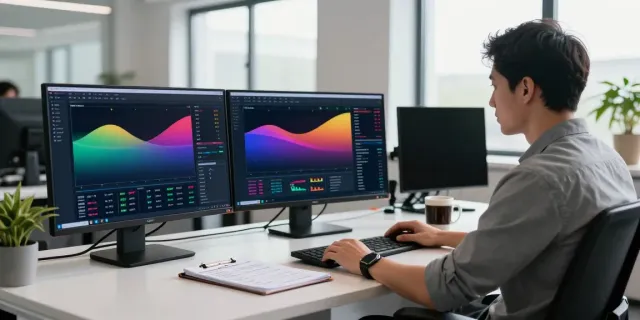 Trader using MetaTrader 5 platform with multiple monitors displaying market data.