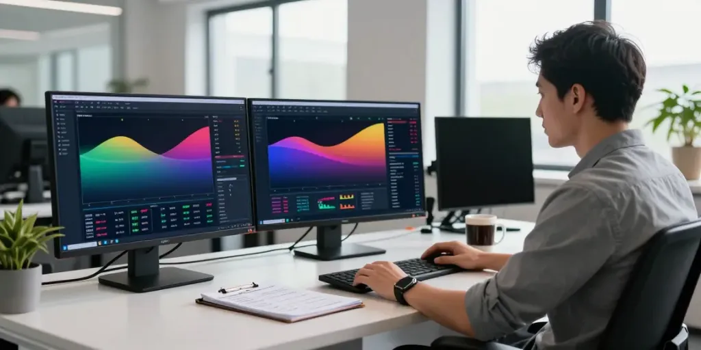 Trader using MetaTrader 5 platform with multiple monitors displaying market data.