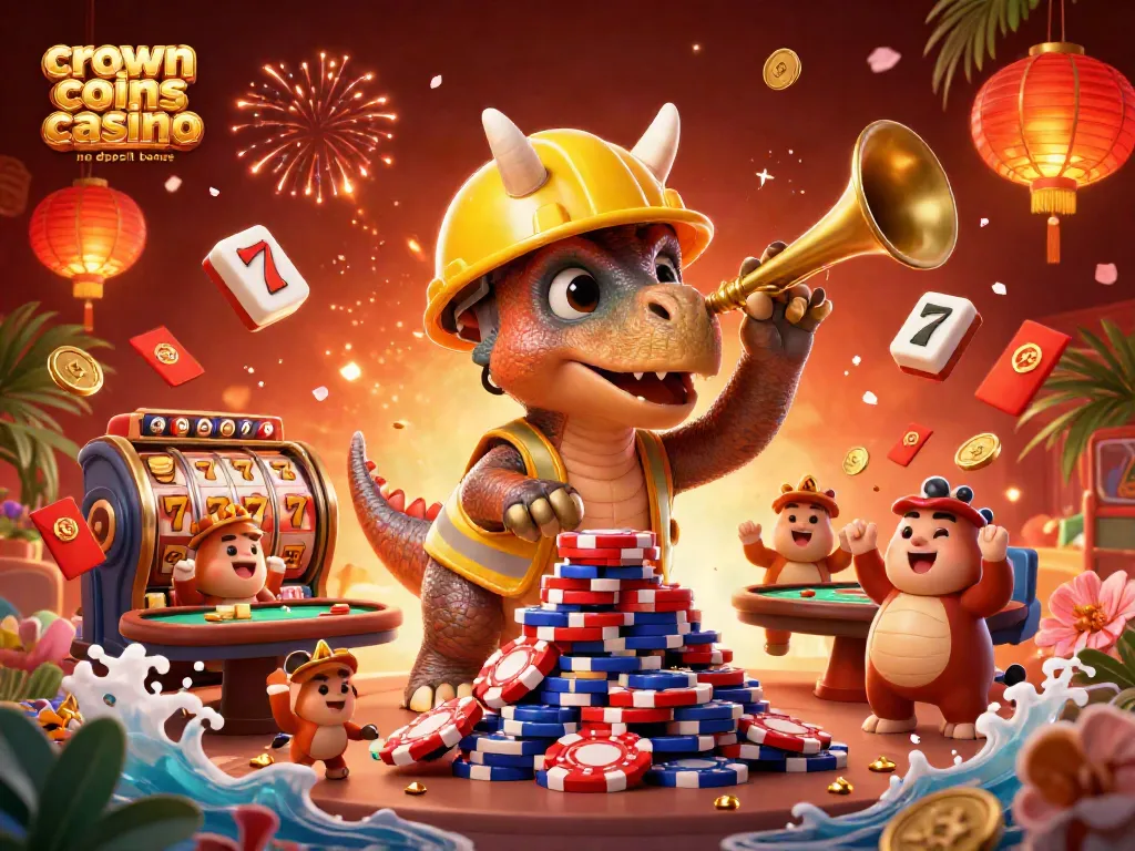 Crown coins casino no deposit bonus offers vibrant gameplay with triceratops and festive elements.