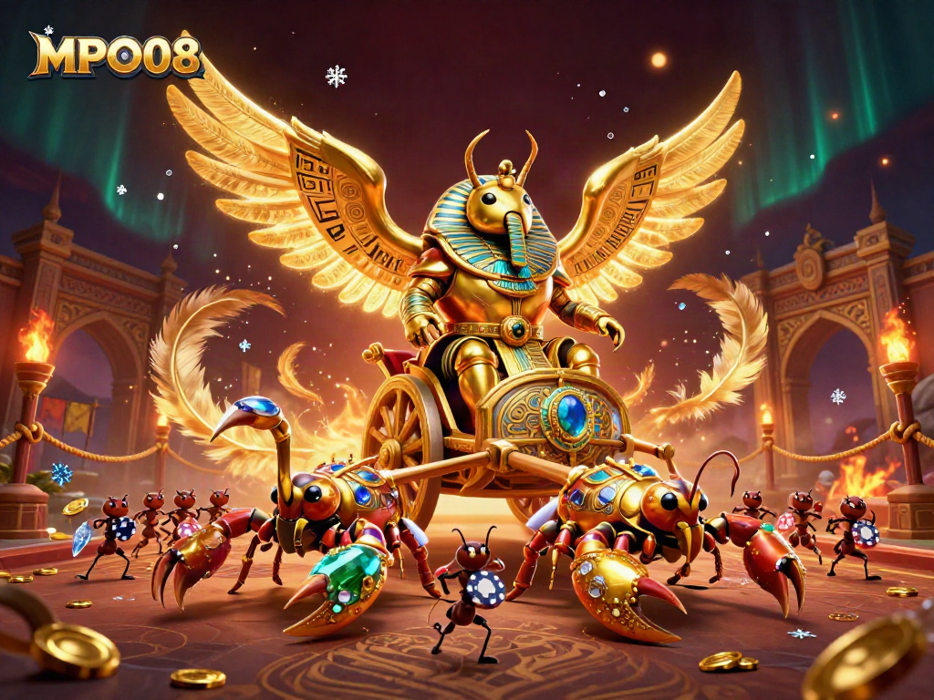 Engage with exciting MPO08 gameplay featuring a colossal golden scarab beetle and jewel-encrusted scorpions.