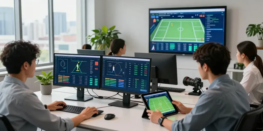 Data scientists analyzing tennis odds API in a modern office with screens showing real-time match statistics.