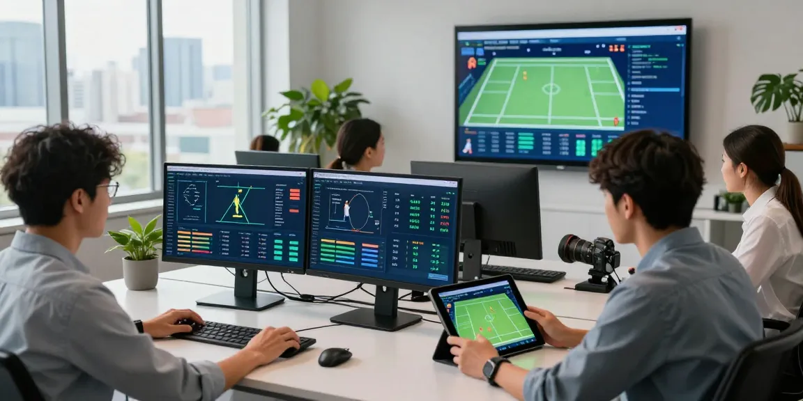 Data scientists analyzing tennis odds API in a modern office with screens showing real-time match statistics.