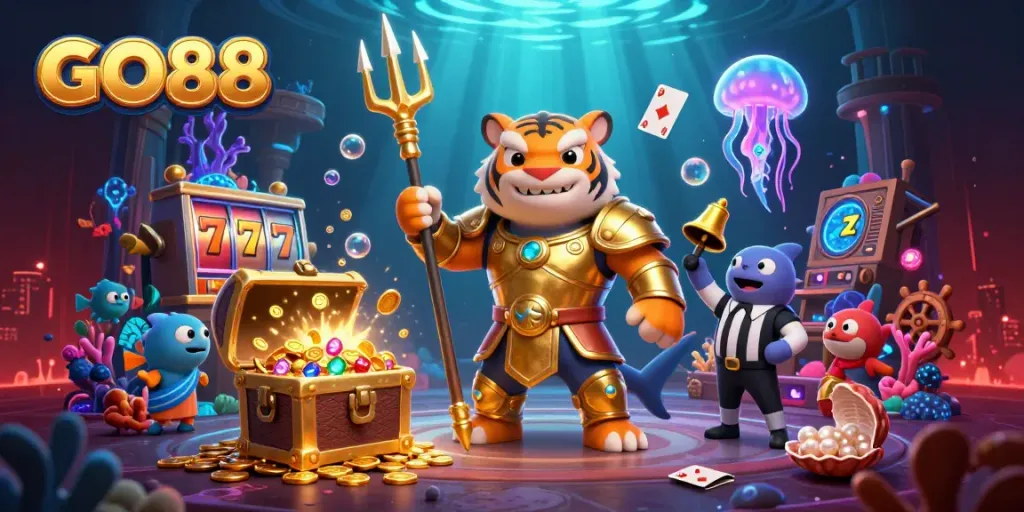 Experience GO88 with a vibrant underwater casino scene showcasing exciting gaming elements and a shark gladiator.