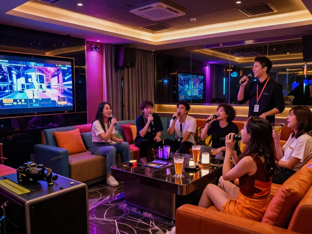 강남 달토 예약에 적합한 활기찬 가라오케 장면, 손님들이 노래를 부르며 즐기는 모습