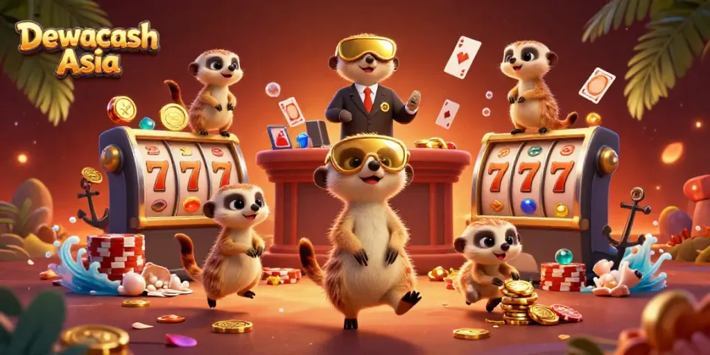 Dewacash Asia showcases meerkats managing an elaborate casino with colorful slot elements and vibrant details.
