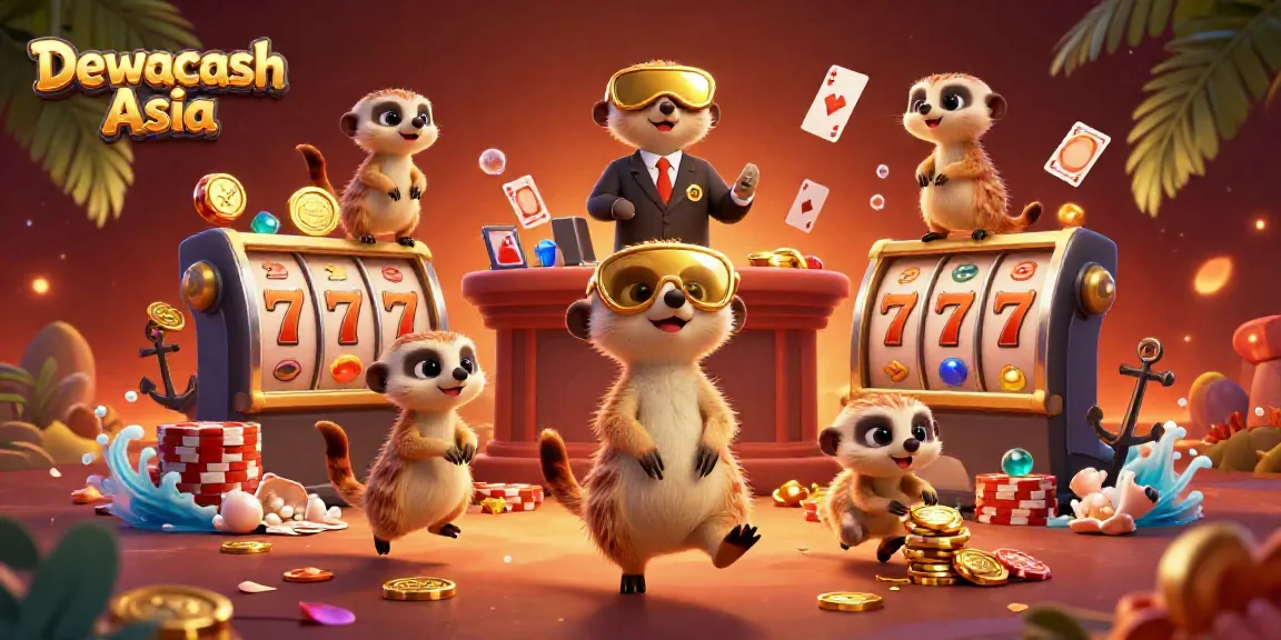 Dewacash Asia showcases meerkats managing an elaborate casino with colorful slot elements and vibrant details.