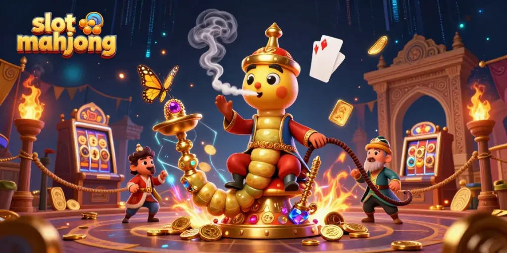 Experience the excitement of slot mahjong with a vibrant 3D illustration of playful characters in a casino environment.