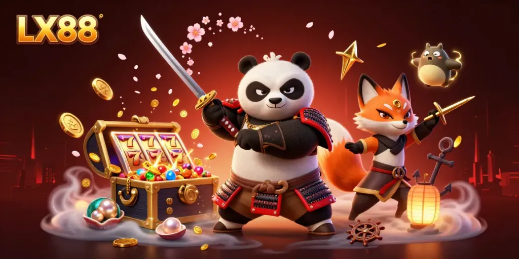 LX88 engaging players with dramatic samurai and ninja characters amidst vibrant casino-themed elements.