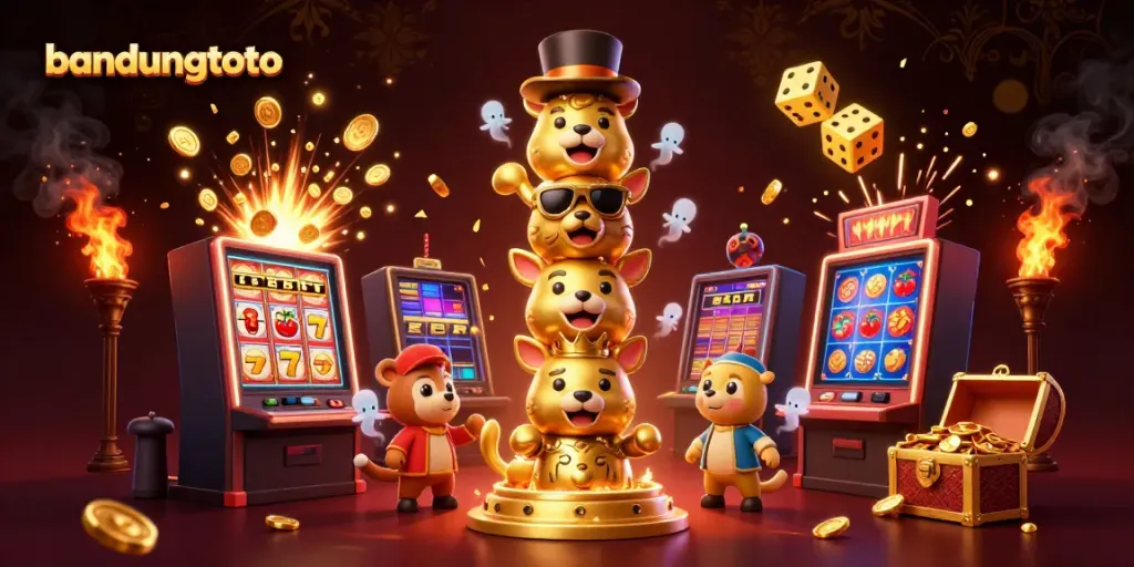 Experience the thrilling world of bandungtoto with a vibrant casino scene complete with dynamic gold elements and game symbols.