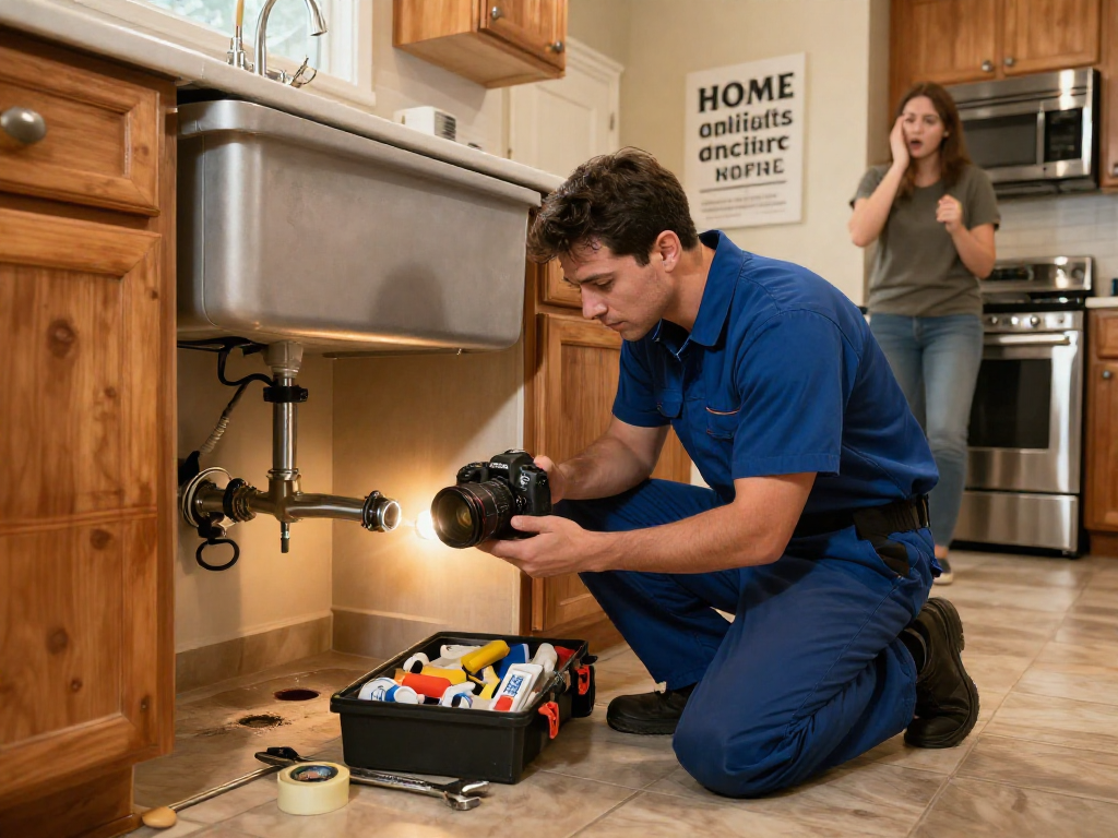 Leak repair Fort Worth service with a plumber fixing a leak under a kitchen sink during a home visit