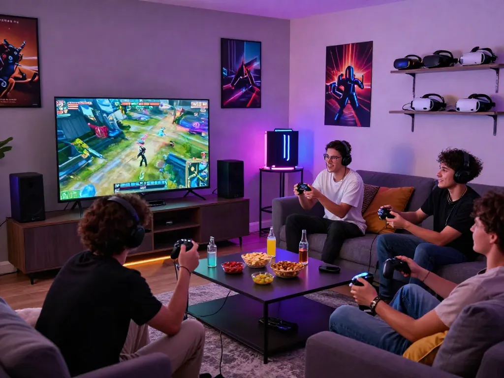 Friends enjoying qqmacan gaming in a vibrant living room with snacks.