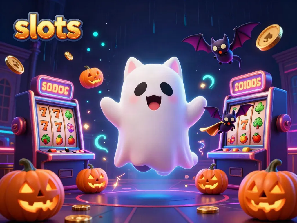 Spinning slots and a ghost cat illuminate a haunted casino with vibrant effects