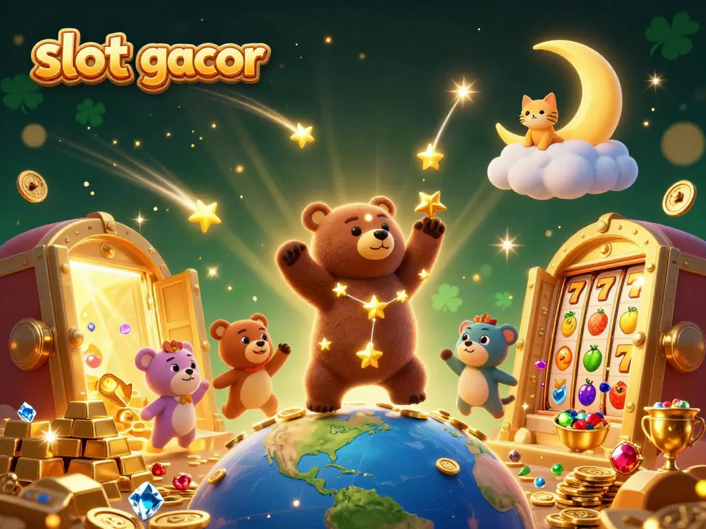 Gambarkan slot gacor dengan beruang bintang berkoneksi emas, menangkap koin dan simbol slot di latar belakang magis.