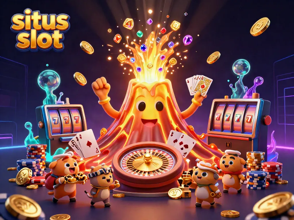 Cascade coins and treasures in a dynamic 3D illustration showcasing situs slot excitement and adventure.