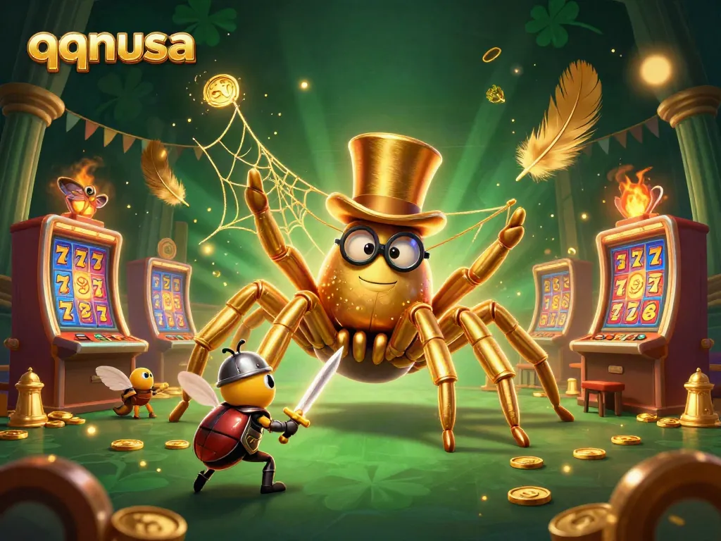 Engage with thrilling gameplay at qqnusa featuring a dynamic casino scene with golden tarantula and beetle knight.