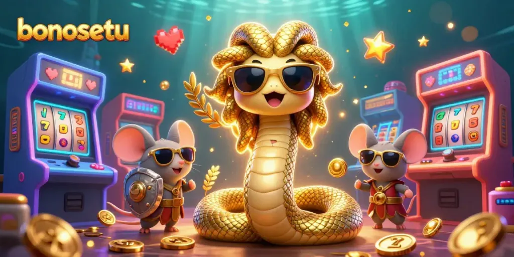 Experience bonusetu with Medusa and a warrior mouse amidst colorful 3D slot machines and dynamic casino elements.