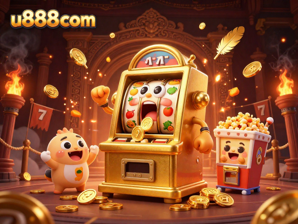 Win big with u888com's vibrant 3D slot machine scene showcasing jackpots and excitement.