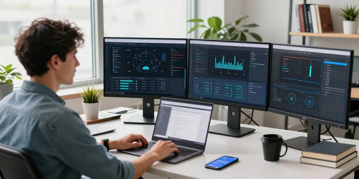 快连官方网络连接服务专家在现代办公桌前,展示网络优化软件和图表,营造出专注工作氛围。