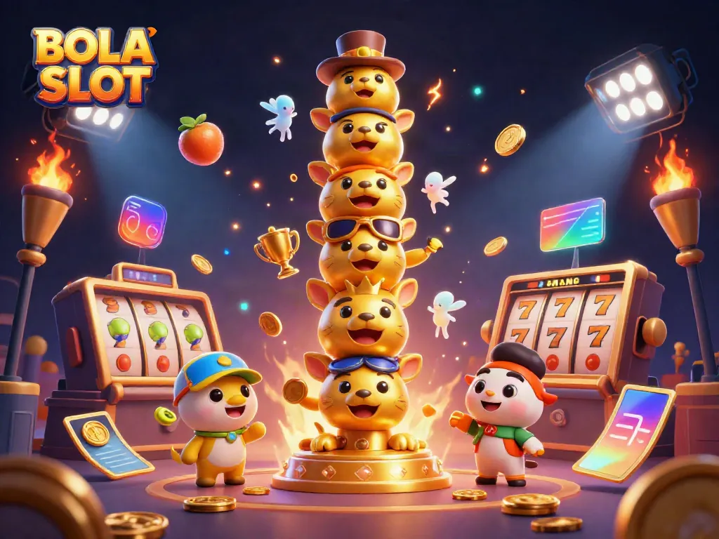 BOLA SLOT showcases a vibrant 3D illustration of a dynamic casino scene featuring animal totems, slot machines, and colorful game elements.