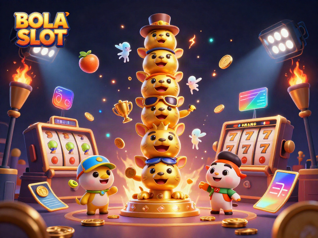 BOLA SLOT showcases a vibrant 3D illustration of a dynamic casino scene featuring animal totems, slot machines, and colorful game elements.