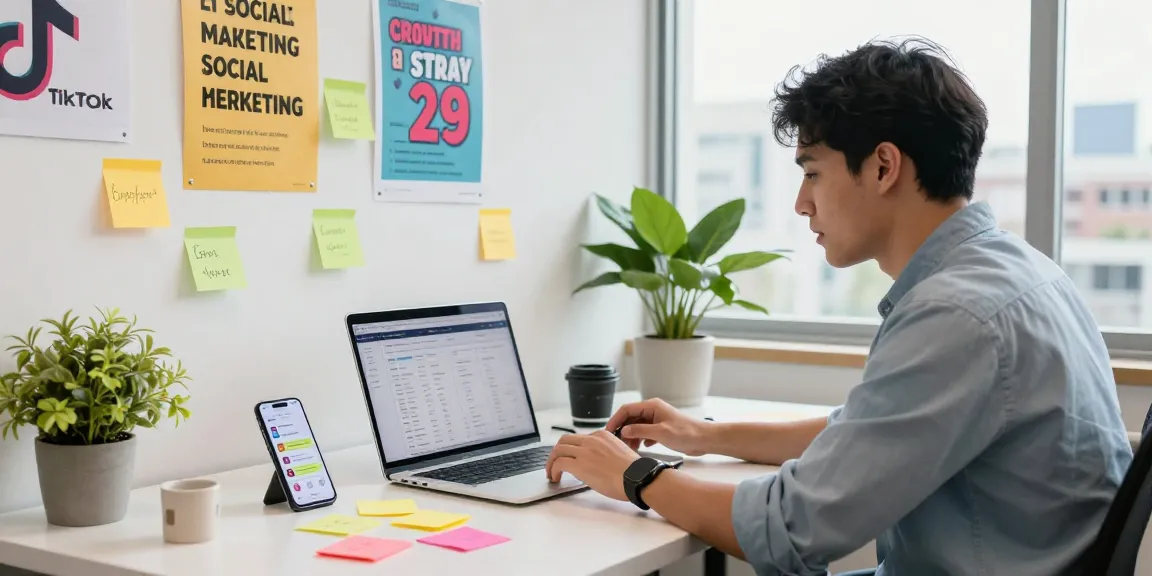 Best place to buy TikTok followers depicted in a lively marketing office scene with analytics and strategy elements.