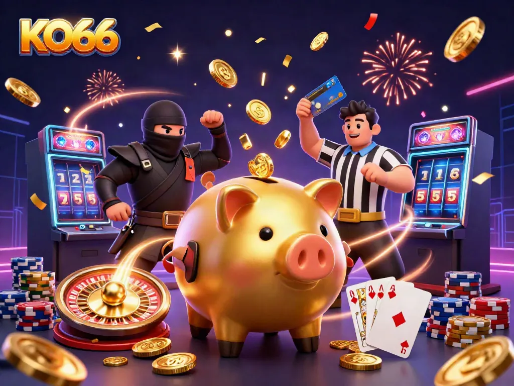 Experience KO66's thrilling gaming action with vibrant characters and exciting casino elements in a dynamic scene.