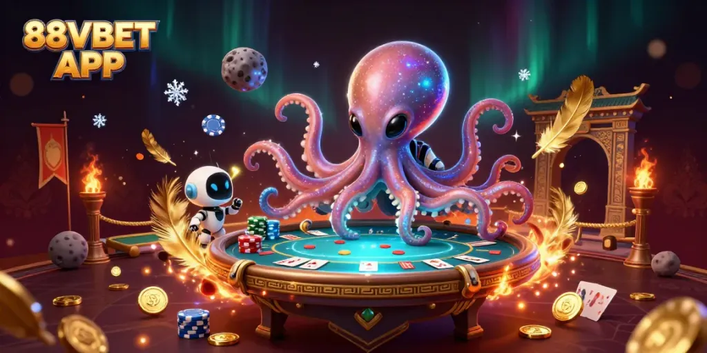 Experience the exciting interactions at the 88VBET APP with an alien octopus dealer and poker elements.