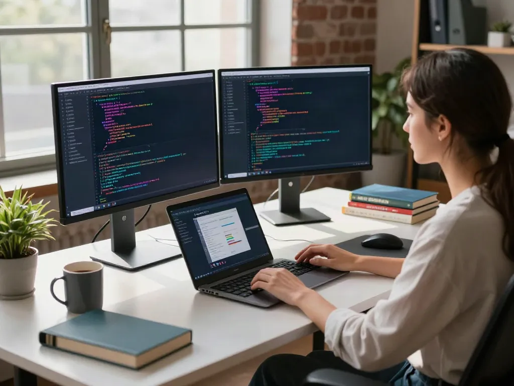 A developer using the Brave 浏览器 on a modern office setup with dual monitors and vibrant coding.