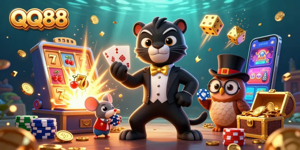 Engaging QQ88 casino illustration with a stylish panther dealer, owl with poker chips, and a lucky mouse amidst exciting game elements.