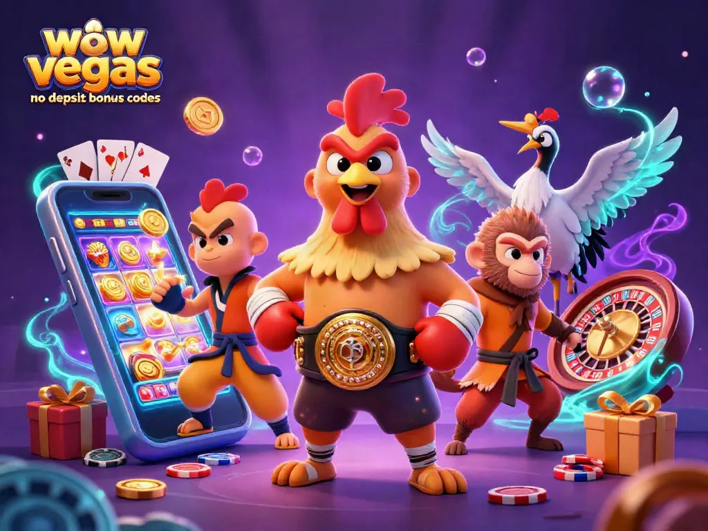 Win big with wow vegas no deposit bonus codes featuring adorable gaming mascots in a vibrant casino scene.