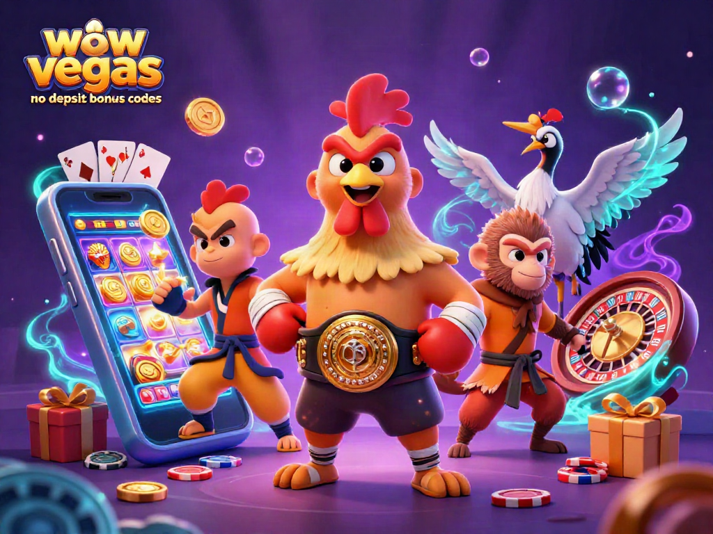 Win big with wow vegas no deposit bonus codes featuring adorable gaming mascots in a vibrant casino scene.