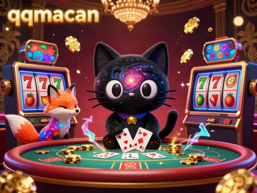 Engage in exciting gameplay at qqmacan, featuring a cosmic casino scene with animated characters and vibrant slot elements.