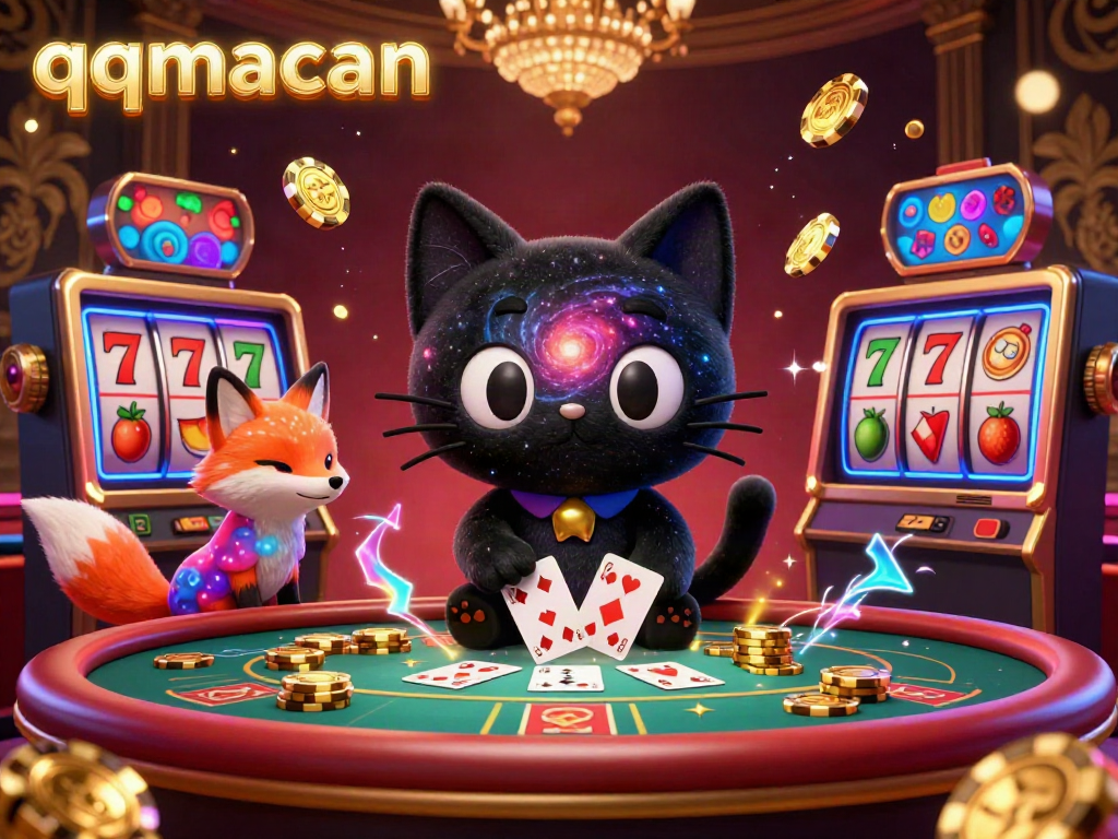 Engage in exciting gameplay at qqmacan, featuring a cosmic casino scene with animated characters and vibrant slot elements.