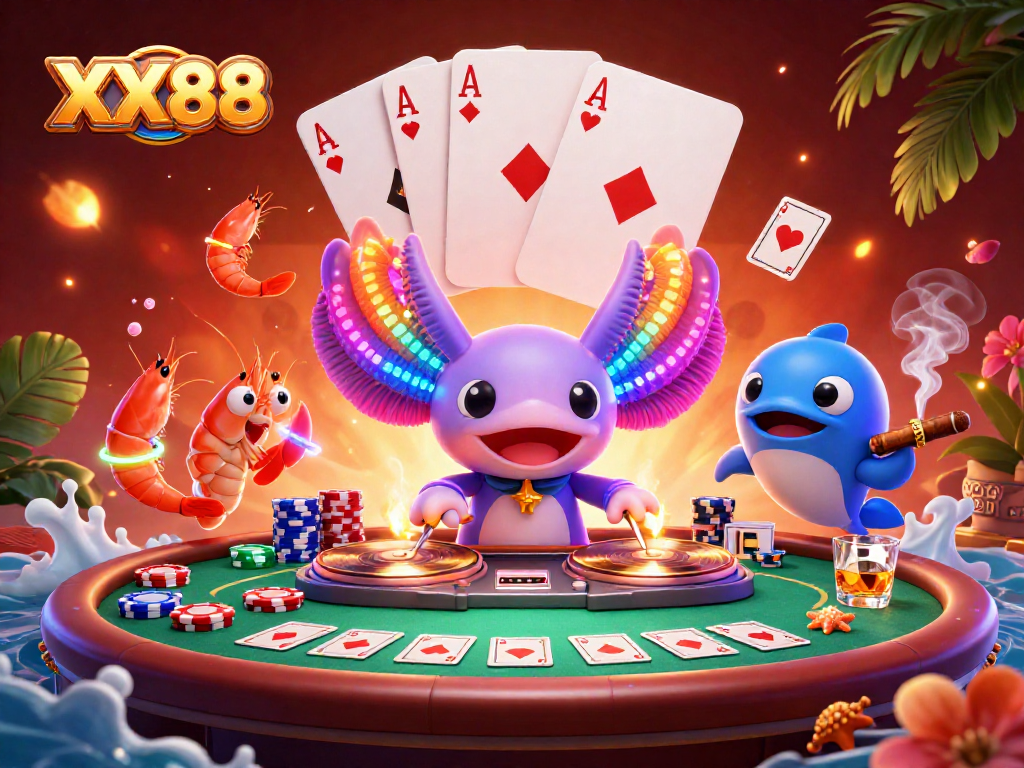 Experience the excitement of XX88 Casino with vibrant 3D illustration featuring a neon DJ and dynamic poker scene.