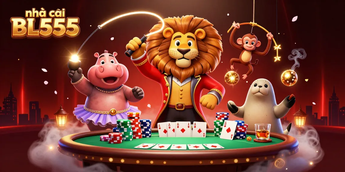 Experience the thrill at nhà cái BL555, where vibrant casino games meet energetic characters in a lively illustration.