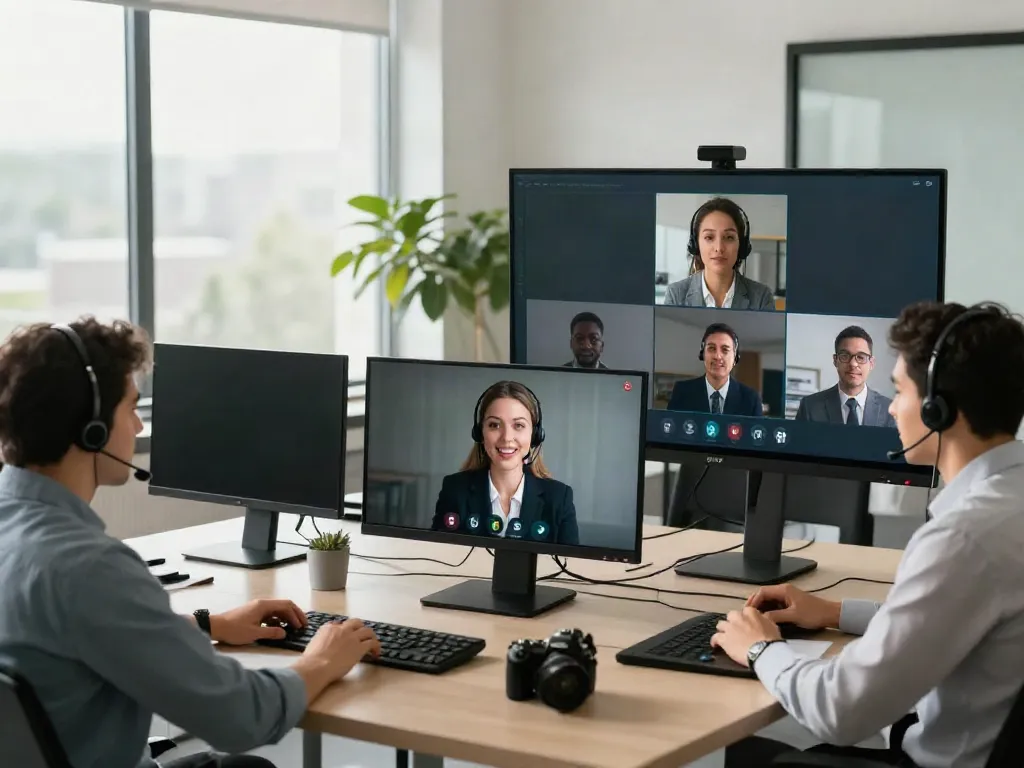 Deepfake protected Online Video Calls, Meetings and Conferencing with a professional team collaborating in a modern office setting.