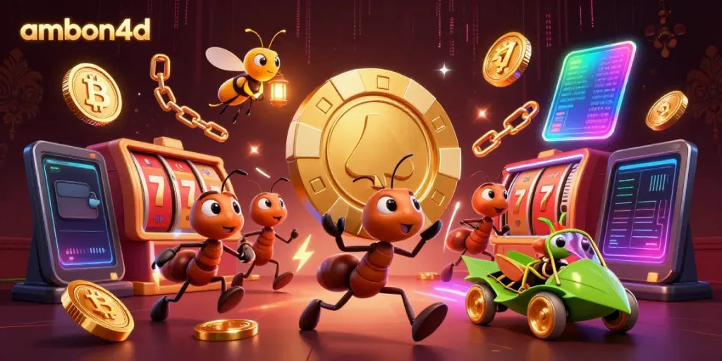 Play slots and win big with ambon4d in a vibrant 3D illustration showcasing a heist by cartoon ants.