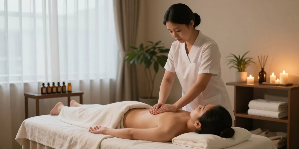 Soothing 양천구출장마사지 therapy scene in a tranquil spa setting with warm light and natural elements.