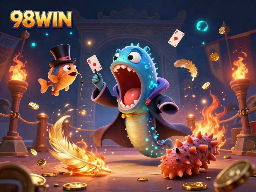 96WIN showcases a magical scene with deep-sea creatures engaging in gambling-themed tricks.