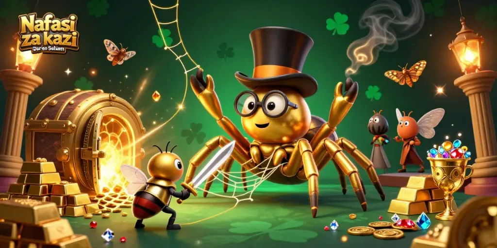 Nafasi za kazi Dar es Salaam captivates with a vibrant 3D casino scene featuring golden tarantula and knight characters.
