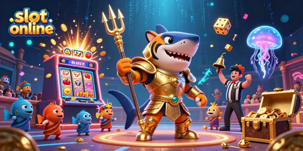 Spin to win exciting jackpots in this lively slot online illustration featuring a tiger shark and a bustling underwater scene.