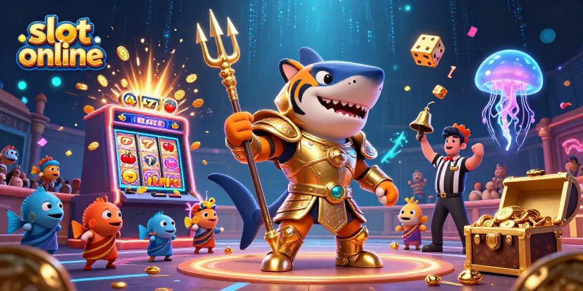 Spin to win exciting jackpots in this lively slot online illustration featuring a tiger shark and a bustling underwater scene.