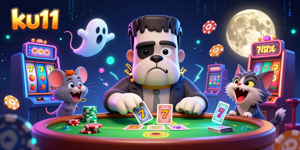 ku11 deals cards with slots and neon lights in a vibrant casino scene