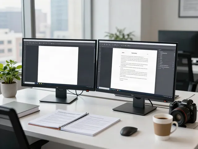 Legal Translation Dubai - Certified translator in modern office with dual monitors and legal documents.